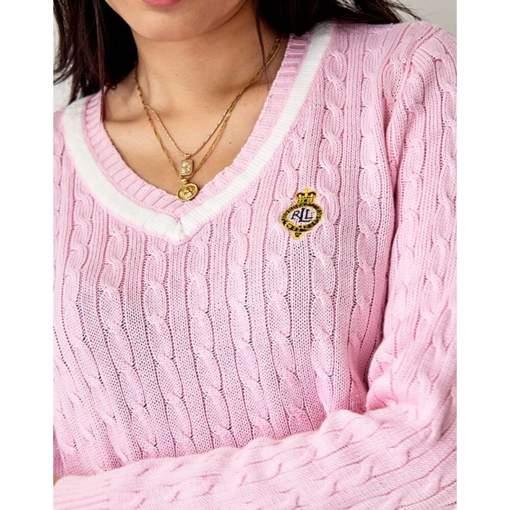 Lauren Ralph Lauren Active Pink Cable Knit V Neck Varsity Sweater Size Small